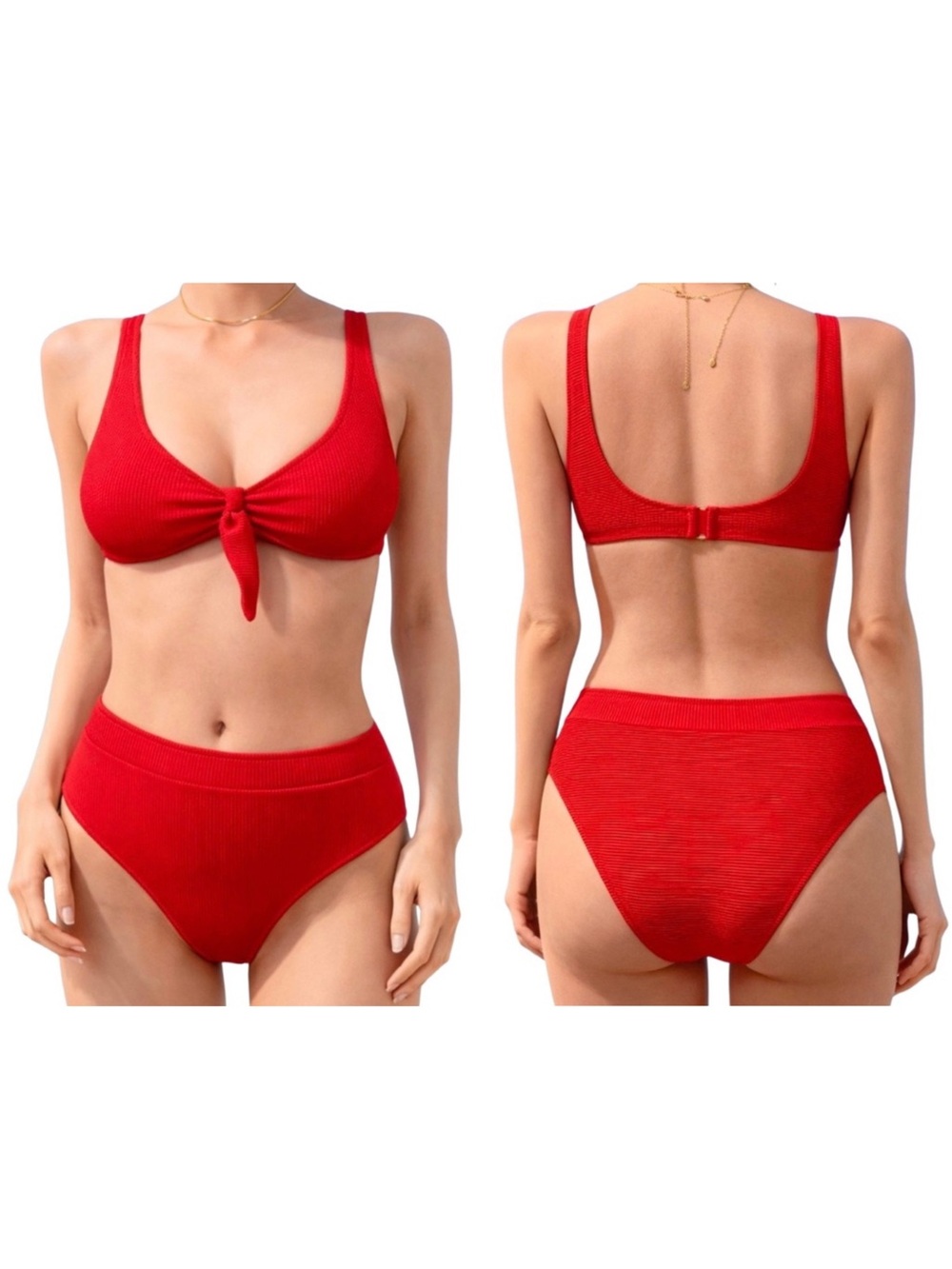Cupshe Red Ribbed High-Waisted Bikini Set • Size Large • NEW WITH TAGS